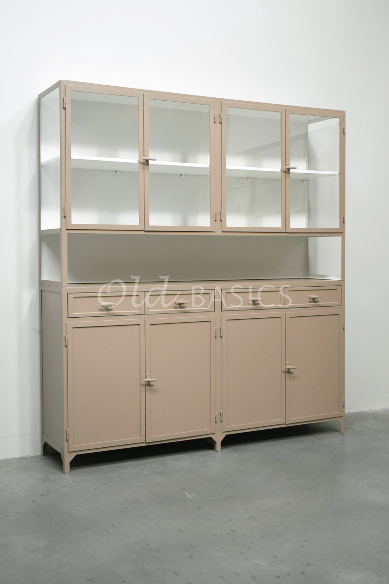 Apothekerskast Fio, 4 deuren, RAL1019, crème, bruin, beige, materiaal staal